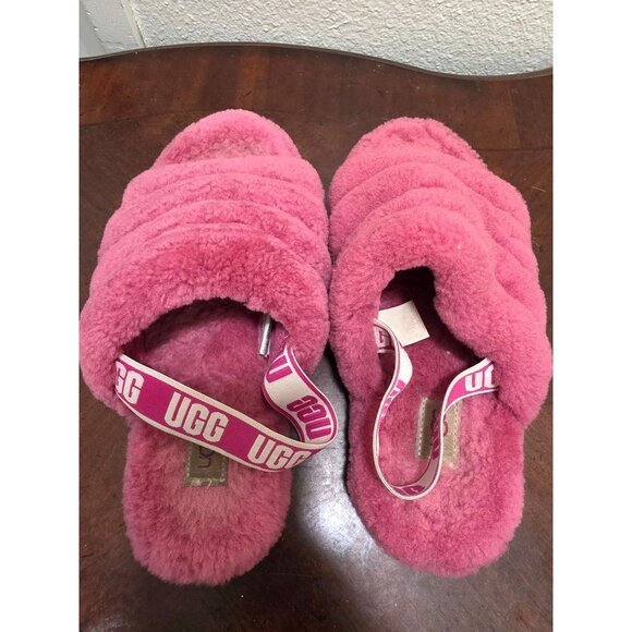 UGG Women's Pink Fluffy Shearling Slide Slippers With Elastic Strap Size 6 - Picture 5 of 10